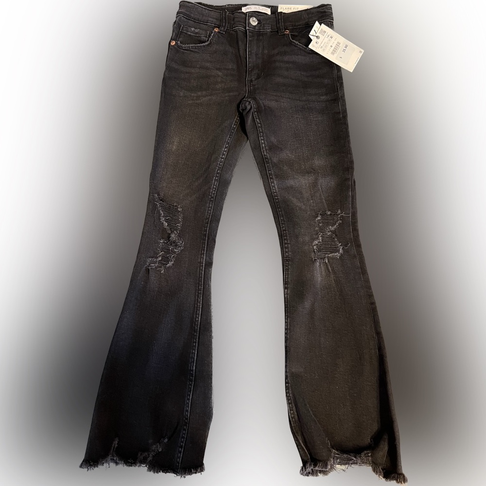 Zara kids black ripped flare stretch jeans size 10 brand new